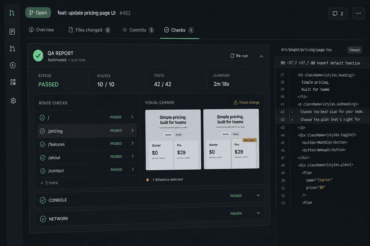 Illustrative PR QA report with journey, route, console, network, and visual checks